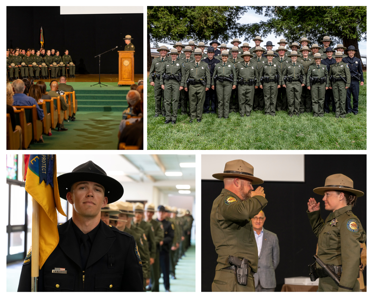 Top left: State Parks Peace Officer graduation ceremony on April 11, 2025. Top right: BVST 50 graduating class. Bottom left: Lifeguard Heath Hawkins leads the graduates into the auditorium. Bottom right: State Parks most senior ranger, Andrew Ahlberg, salutes the least newest ranger, his daughter, Jordyn Ahlberg. Photos from California State Parks. Top left: State Parks Peace Officer graduation ceremony on April 11, 2025. Top right: BVST 50 graduating class. Bottom left: Lifeguard Heath Hawkins leads the graduates into the auditorium. Bottom right: State Parks most senior ranger, Andrew Ahlberg, salutes the least newest ranger, his daughter, Jordyn Ahlberg. Photos from California State Parks.